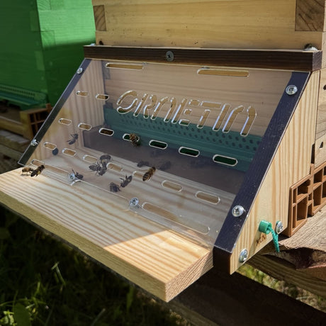 Wooden beehive protection against asian hornets (vespa velutina) with a clear entrance panel showing bees inside, branded Ornetin