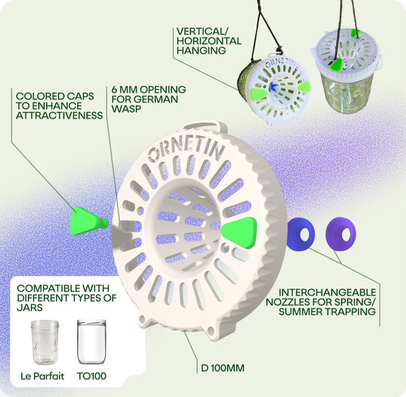 The Ornetin UV trap effectively captures yellow-legged and oriental hornets while protecting bees and other beneficial insects thanks to its selective trapping system.