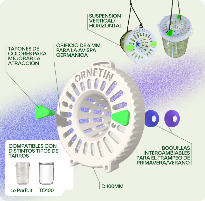 La trampa Ornetin UV captura eficazmente avispas asiáticas y orientales mientras protege a las abejas y otros insectos beneficiosos gracias a su sistema selectivo.